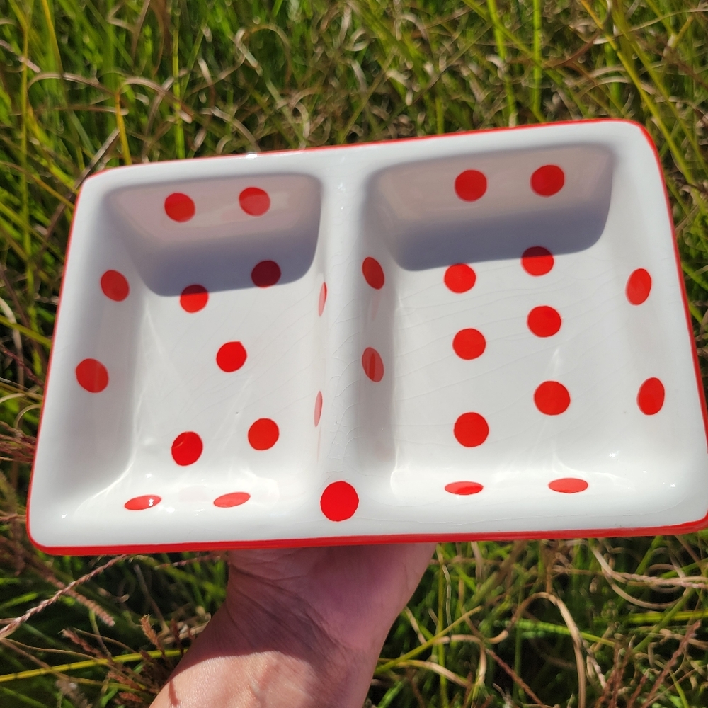 Red & White Polka Dot Divided Ceramic Dish ~ Trinkets - Keys - Candy Dish ~ Cute